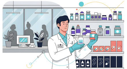 Professional pharmacist carefully examines medication bottle amidst modern pharmacy shelves and patient silhouettes, highlighting healthcare expertise and patient care.