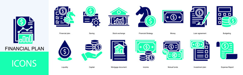 financial plan icon collection set. Containing Saving, Stock exchange, Financial Strategy, Money, Loan agreement, Budgeting, Liquidity, Capital icon