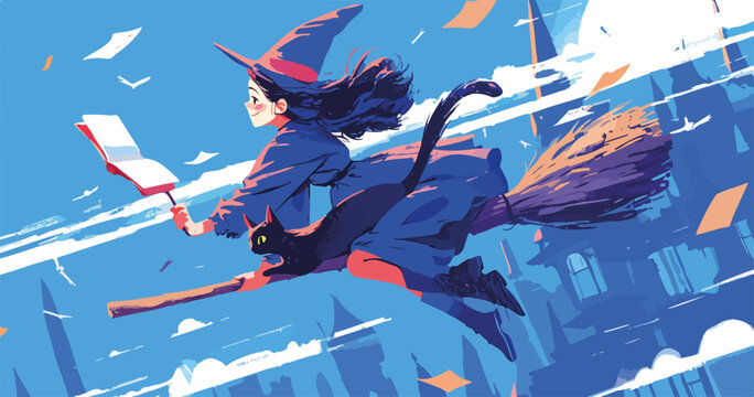 Bruja joven con gato negro volando en escoba sobre ciudad, leyendo libro con estilo vector