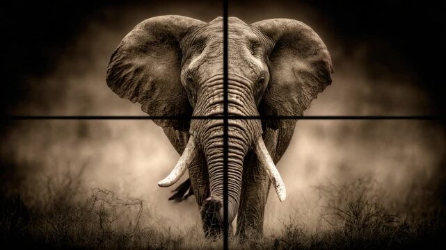 An elephant is centered in a crosshair. Sepia tones create an intimidating image of the large animal