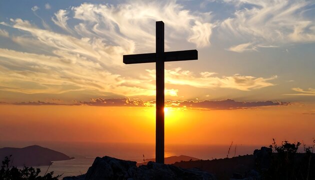 A silhouette of a cross atop a hill against a dramatic sunset over a body of water and islands. The sky is filled with vibrant colors - Powered by Adobe