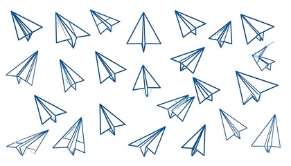 A simple illustration featuring many blue line-art drawings of paper airplanes scattered randomly on a white background
