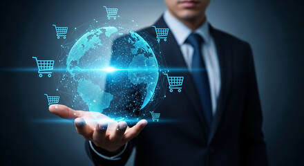 Businessman holding digital globe with shopping cart icons, representing global e-commerce.