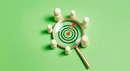 Magnifying glass focusing on a target bullseye surrounded by figures, representing audience analysis and marketing.
