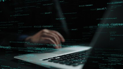 Close-up view of hands typing on a laptop, surrounded by glowing code and programming elements, showcasing the modern digital workspace and technology integration. Xenic - Powered by Adobe