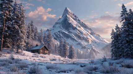 Cabin nestled in snowy landscape with majestic mountain under pastel sunrise sky
