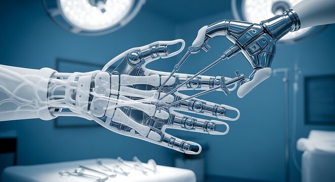 Futuristic robotic hand with intricate metallic joints and transparent skeletal structure delicately interacting in a sterile, modern operating theater with medical lights above - Powered by Adobe