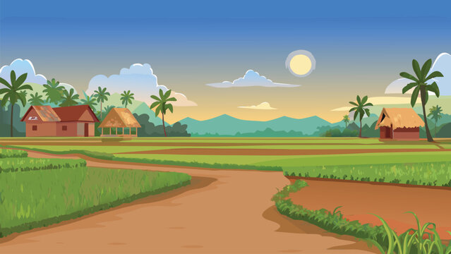 A beautiful asian village morning scene lush green vector illustration ai generated