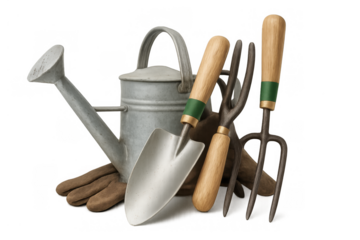 Gardening tools composition with watering can, trowel, hand fork, and working gloves for home horticulture activities