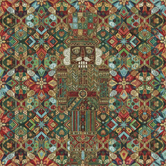 Intricate Nutcracker Pattern Seamless Textile Design with Geometric Mandala Elements and Festive Color Palette