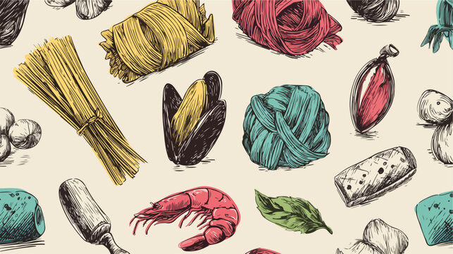 Patr&oacute;n vectorial de ingredientes de pasta, mariscos y queso, dibujados a mano con estilo vintage.
