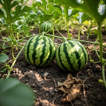 A close-up shot of two small, young watermelons ripening on the soil, surrounded by lush green vines in a vegetable garden