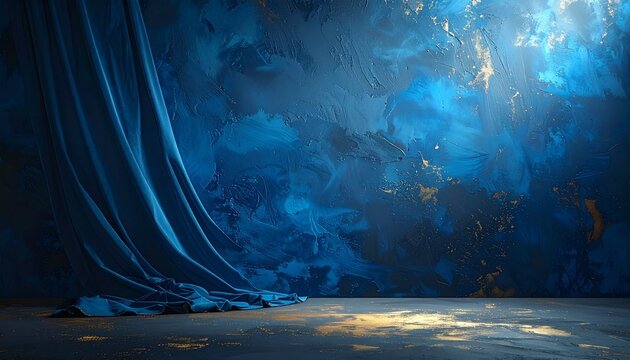 A minimalist, elegant background featuring a rich blue surface with soft fabric-like texture. Subtle gradients and shadows create depth and sophistication. 