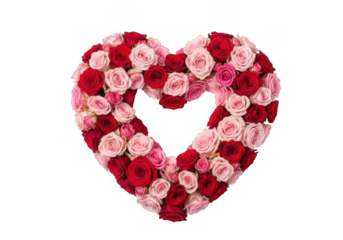 Heart of fresh red and pink roses, a symbol of love, romance isolated on transparent background