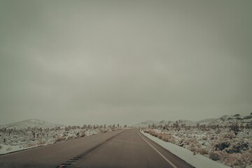 Empty desert highway stretching into the foggy distance with barren landscape and muted tones under overcast sky