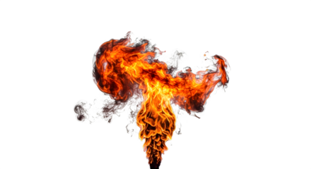 Dynamic fiery explosion with bright orange and red flames and smoke isolated on transparent background