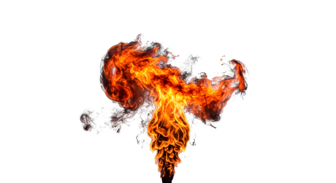 Dynamic fiery explosion with bright orange and red flames and smoke isolated on transparent background