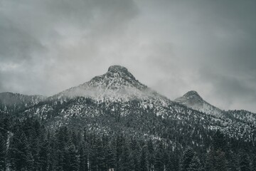 Snow-covered mountain peak surrounded by dense forest under a cloudy winter sky creating a moody natural landscape