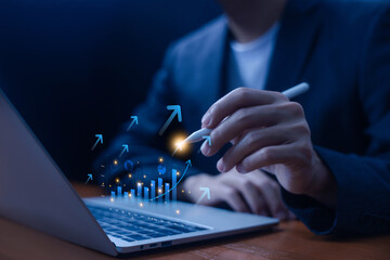 graph chart stock market economic. growth business concept. Plan a strategy company increase profit to global success. Trend marketing grows in technology, digital. economy, financial, and investment