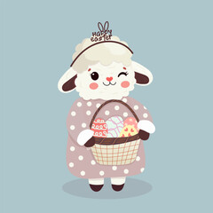 Easter lamb dressed in polka dot clothes with a basket of painted eggs. Cute character with Easter eggs. Flat vector illustration. For cards, design.