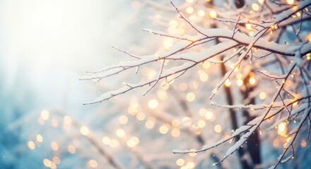 Frosted winter tree branches with glowing bokeh lights