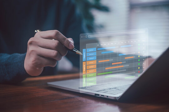 businessman schedule plan management shows a timeline Gantt chart in technology online. concept project planner in software, work update, and workflow, manage milestones, appointment staff of business