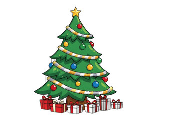 Obraz premium Cartoon christmas tree with presents, star, ornaments, tinsel isolated on transparent background