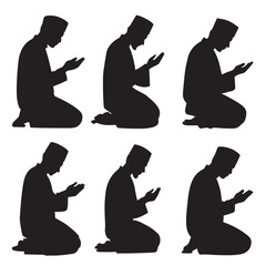 Silhouettes of Muslim men kneeling in prayer, showcasing devotion and religious practice in a simple, symbolic representation.