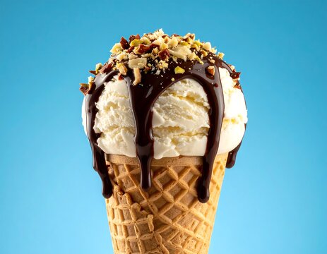 A single scoop of vanilla ice cream with chocolate sauce and chopped nuts on a waffle cone, set against a vibrant blue background - Powered by Adobe