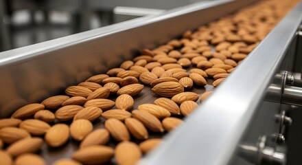 Almonds on Conveyor Belt Processing and Manufacturing of Natural, Healthy Snacks