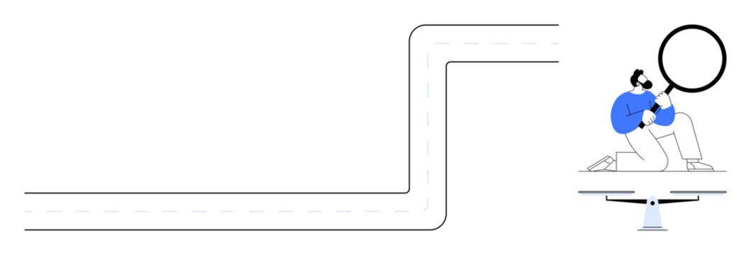 Person kneeling on desk closely examining a winding pathway using a magnifying glass. Ideal for analysis, strategy, exploration, problem-solving, focus, journey mapping, simple flat metaphor
