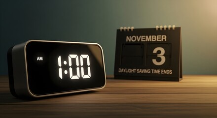 Daylight Saving Time Ends Reminder Digital Clock Shows November 3rd at 100 AM