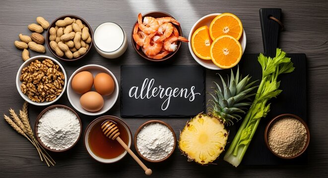 Common Food Allergens Displayed Nuts, Seafood, Dairy, and Fruits On A Black Surface