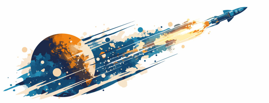 Cohete espacial abstracto viajando a trav&eacute;s del cosmos con estela de fuego y planeta en fondo blanco.