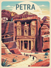 Vector flat illustration of Petra, Jordan featuring the Treasury carved into rose-red cliffs, winding path, desert plants, and warm sunset glow in a serene, vintage style