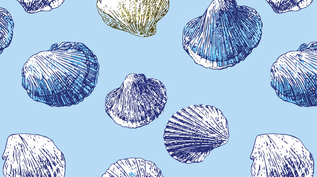 Patr&oacute;n vectorial sin costuras de conchas marinas dibujadas a mano en tonos azules y blancos sobre fondo azul claro.