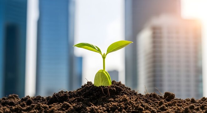 Urban Sprout New Life Emerges Against Cityscape, symbol of resilience and opportunity - Powered by Adobe