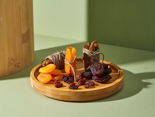 Healthy sweet treats assortment of dried fruits and nuts on a wooden plate