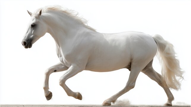 White horse galloping gracefully across a bright landscape
