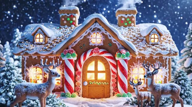 A gingerbread house with snow-covered roof, candy cane columns, deer, and starry night background