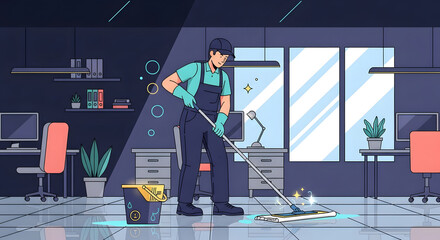 Dedicated cleaner meticulously mopping shiny office floor, ensuring pristine workspace for productive business operations