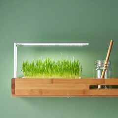 Indoor herb garden with grow light and bamboo planter