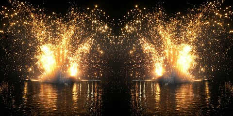Celebratory golden fountain fireworks create a striking visual on a dark background.