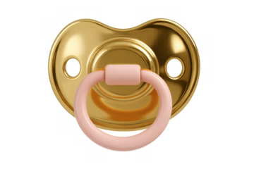 Gold baby pacifier with a pink handle, symbolizing luxury, precious infants, and golden childhood moments, transparent background