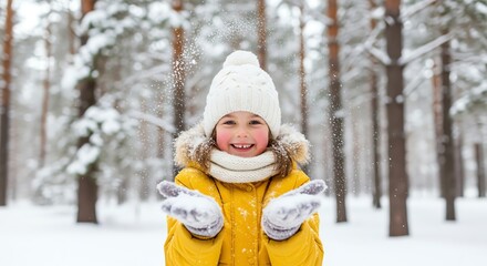 Child playing in snow forest winter scene