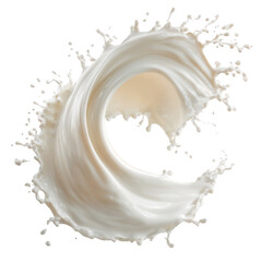 Dynamic white milk splash captured mid pour creating a swirling wave of freshness, isolated on a transparent background