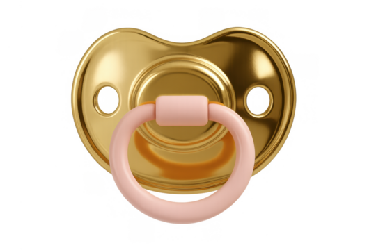 Gold baby pacifier with a pink handle, symbolizing luxury, precious infants, and golden childhood moments, transparent background