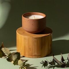 Natural scented candle in wooden holder with dried botanicals