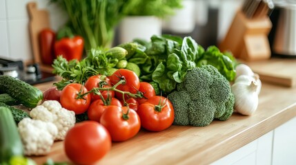 A wide variety of fresh vegetables beautifully arranged on a kitchen counter.