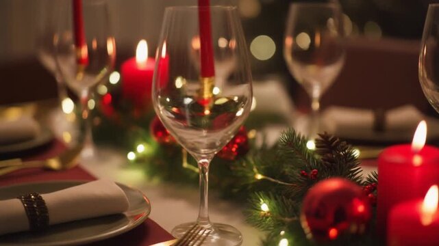 Elegant Christmas Dinner Table Setting with Glowing Candles and Festive Decorations